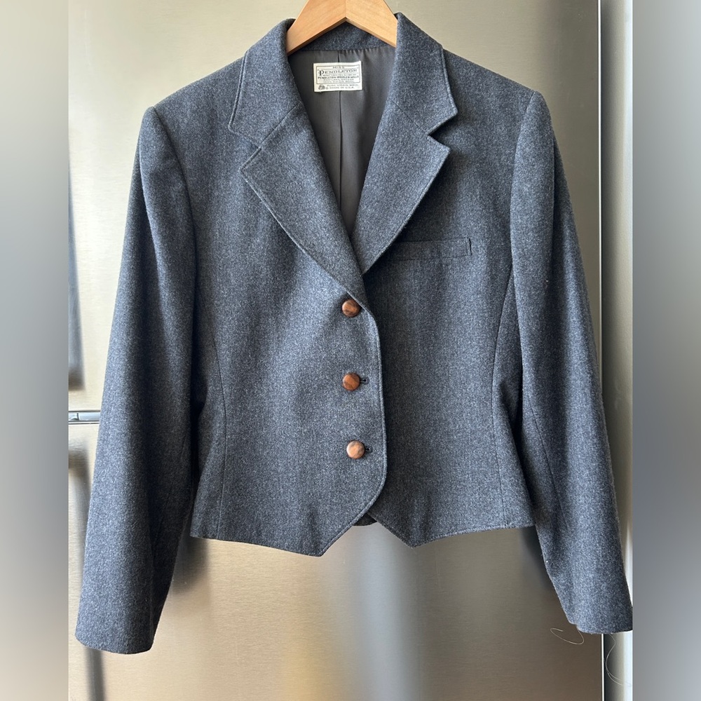 Pendleton Cropped Wool Blazer Gray Jacket Vintage Made in USA Size 12